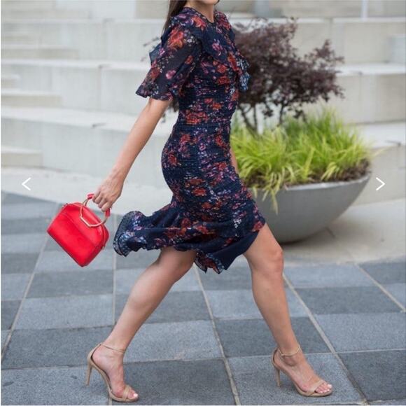 Keepsake Need You Now Navy Blue Red White Floral Ruffle Rouched Midi Dress XS - Picture 8 of 14